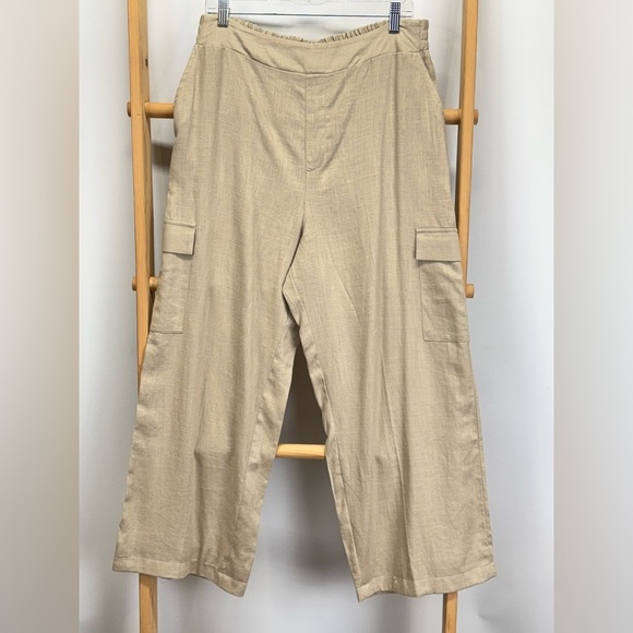 JESSICA SIMPSON Khaki Wide Leg Linen blend cargo pants size M - Picture 3 of 14